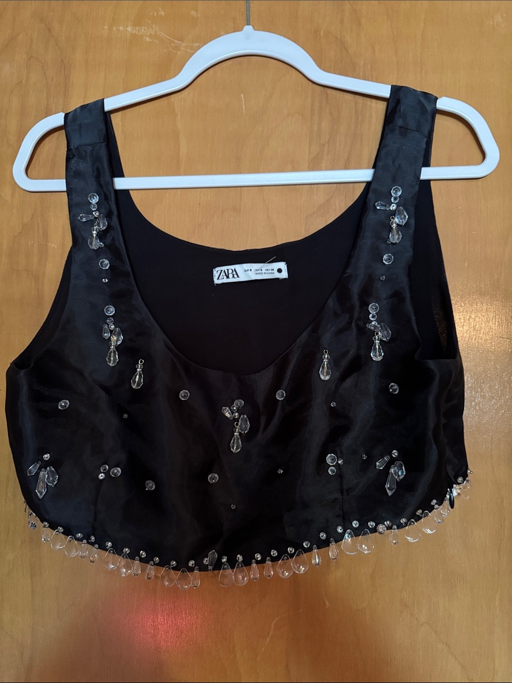 Zara Black Beaded Satin Crop Camisole